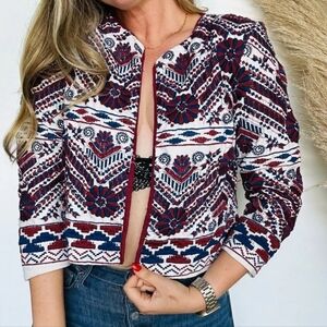 ANTHROPOLOGIE Blue Red White Indian Embroidered Open Cropped Jacket Womens Sz S